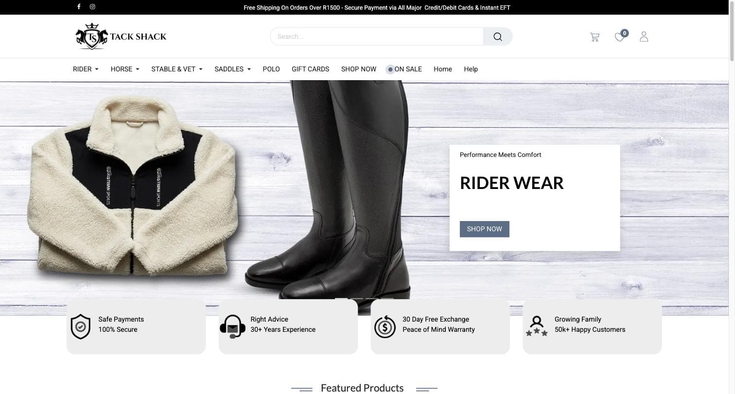 Tack Shack storefront — retail homepage
